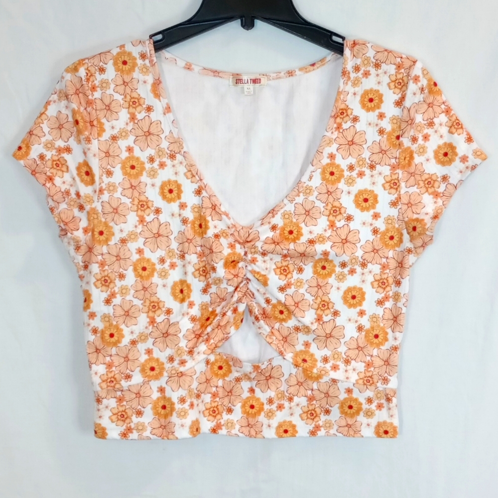 Stella Tweed Ribbed Floral Top Women's Size XL Cropped